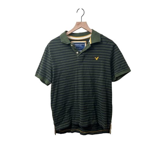 American Eagle Mens The Eagle Polo Shirt Navy and Green Striped Size Medium - Picture 1 of 5
